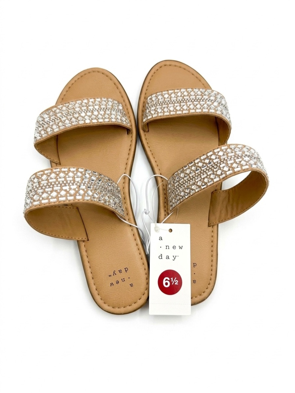 a new day Tan Rhinestone Double-Strap Slide Sandals
